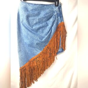 Asymmetrical Denim Skirt w Suede Leather Fringe S USA Made Frontier Collection